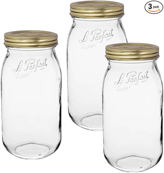 Le Parfait Screw Top Jar Wide Mouth French Glass Jar | Ideal for Food and Soup Storage, Canning, Flour, Brown Sugar, and other Baking Supplies (2L/64oz, Pack of 3, Gold)