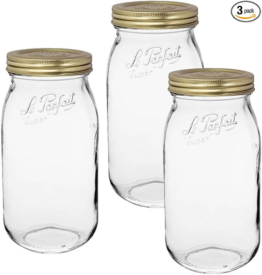Le Parfait Screw Top Jar Wide Mouth French Glass Jar | Ideal for Food and Soup Storage, Canning, Flour, Brown Sugar, and other Baking Supplies (2L/64oz, Pack of 3, Gold)