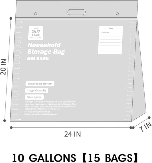 15 XX-Large Plastic Storage Bags, 10 Gallons, Zero BPA, Double Zipper Seal, 3 Mils Thick, Double Layer Carry Handle, 24"x20"x7", Moving, Seasonal, Travel