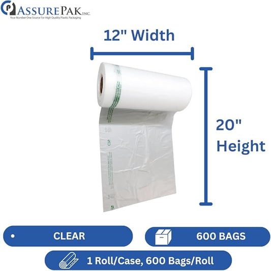 Clear Produce Roll 12"x20" – 600 HDPE Bags (11 Microns, Natural Color) for Food Storage, Grocery Use, Small Business, Reusable Produce, Kitchen Needs, Fresh Food, Storage Solution