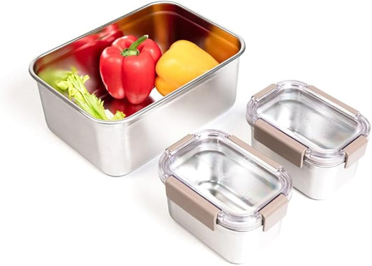 LocknLock Stainless Steel Food Storage Container - Airtight, Leak-proof, Stackable (520ml x 2/2800 ml) | Modular Design for Meal Prep, Lunch, Freezer & Dishwasher Safe