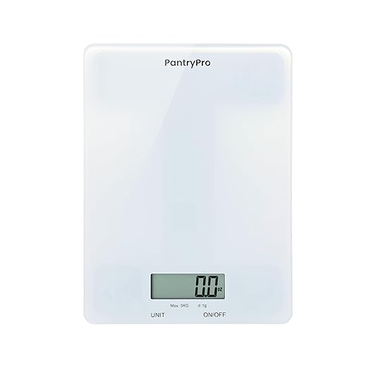 Glass Platform Digital Kitchen Scale - 11lbs / 5kg Capacity - LCD Display g kg oz lb fl.oz ml - CR2032 Battery Included - White