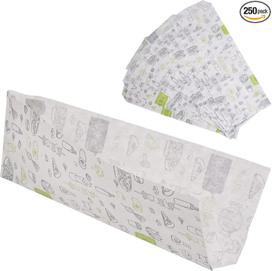 (Pack of 250) Paper Bags for Food Packaging 3.14" x 8.26" (8 x 21 cm), Hot Dog Bags, Greaseproof Fast Food Bags, Food Wrap