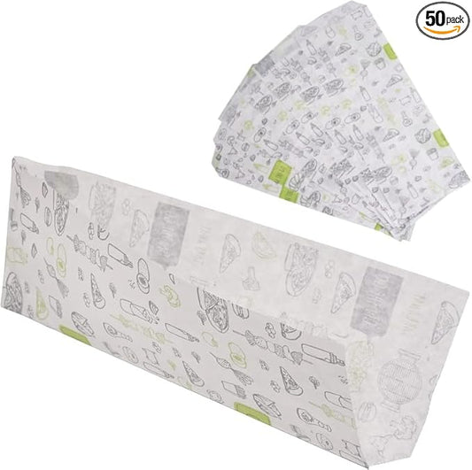 (Pack of 50) Paper Bags for Food Packaging 3.14" x 8.26" (8 x 21 cm), Hot Dog Bags, Greaseproof Fast Food Bags, Food Wrap