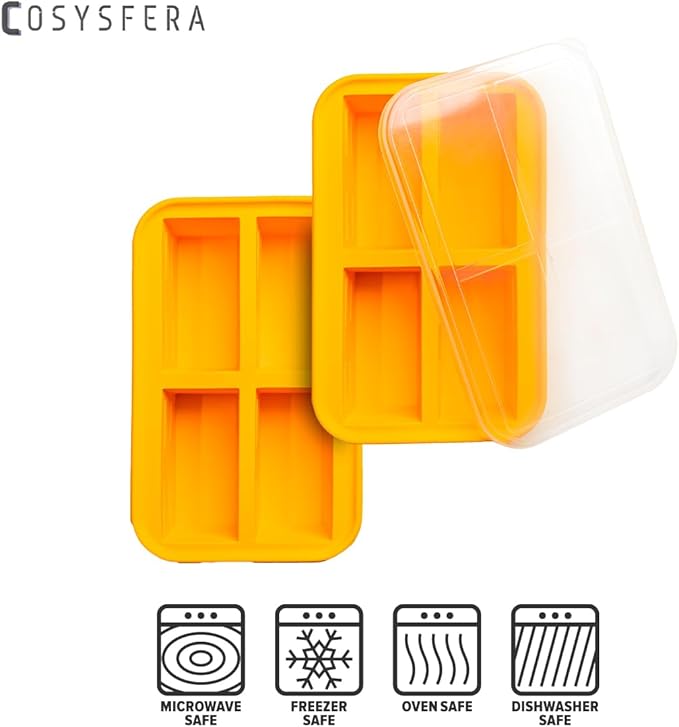 Silicone Freezer Tray with Lid – 1 Cup Portion Mold (4 Portions), Reusable Food Storage Container for Meal Prep, Soup, Sauce, Broth and Leftovers - DPA free - Microwave, Oven and Dishwasher Safe