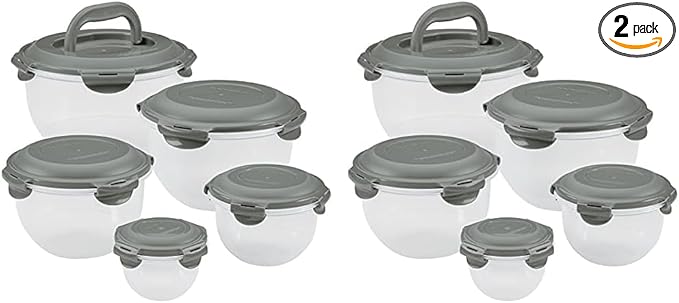 Rachael Ray Leak-Proof Nestable Container Food Storage Bin Set, 10-Piece, Clear with Gray Lids (Pack of 2)