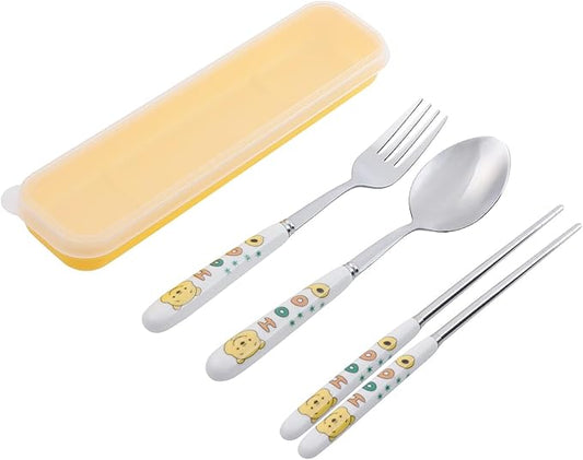Cartoon Pooh Bear Print Portable Utensils with Case Pooh Piglet Reusable Flatware Set Chopsticks Fork Spoon Set for Travel Picnic, Middle, Blue