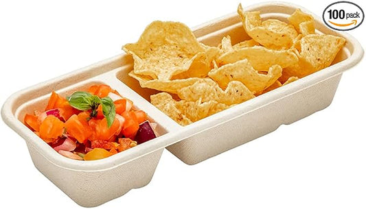 Restaurantware Pulp Tek 9.2 x 3.8 x 1.8 Inch Takeaway Food Boxes 100 Microwavable Take Out Containers - Lids Sold Separately Freezable Bagasse Catering Food Containers 2 Compartments 17 Ounces