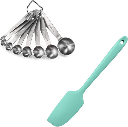 18/8 Stainless Steel Measuring Spoons Set for Dry and Liquid Ingredients (Set of 8), and 9×2inch 600ºF Heat-Resistant Food-Grade Small Mini Silicone Spatula (Aqua Sky)