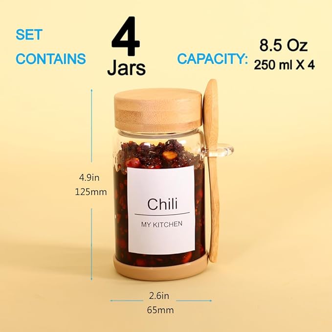 SAIOOL 4 Pack Glass Storage Containers with Bamboo Lids and Spoon,Overnight Oats Containers with Lids,with Anti Slip Silicone Base,Seasoning Organizer,Spice Jars (Bamboo 8.5OZ*4)