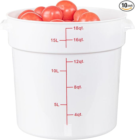 Restaurantware-Met Lux 18 Quart Food Storage Containers, 10 White Storage Containers - Lids Sold Separately, Red Volume Markers, Dishwashable Containers, Side Handles, For Storing Foods