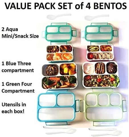 kinsho Leakproof Bento Lunch and Snack Boxes. Family Pack of 4 Meal Planning Portion Containers For Women, Adults. BPA Free. Utensils, Blue & Green (2 large + 2 Mini Lunch box)