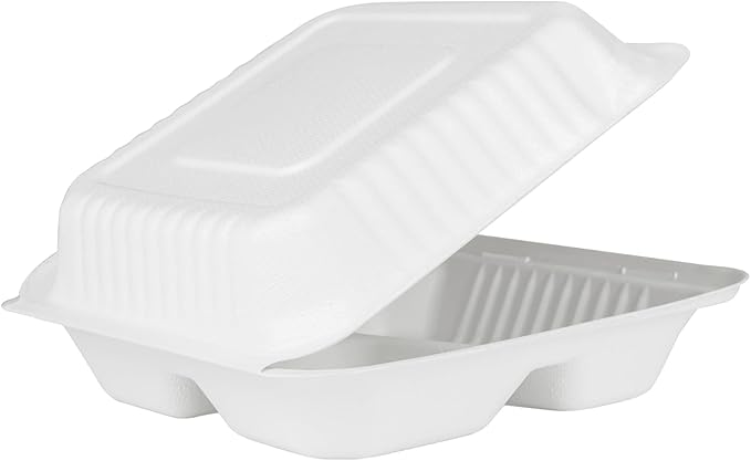 KARAT EARTH Clamshell Take Out Food Containers [9"x9", 200 ct ] 3 Compartments | Compostable To Go Containers, Natural Biodegradable Bagasse | White