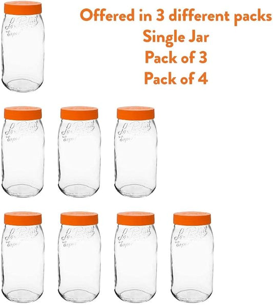 Le Parfait Screw Top Jar Wide Mouth French Glass Jar | Ideal for Food and Soup Storage, Canning, Flour, Brown Sugar, and other Baking Supplies (3L/96oz, Single, Orange)