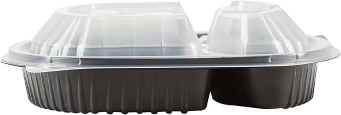 RW Base 27 Ounce Meal Prep Containers, 100 Microwavable To Go Containers With Lids - 3 Compartments, Disposable, Black Plastic Oval Food Containers, For Hot And Cold Food, Freezable - Restaurantware