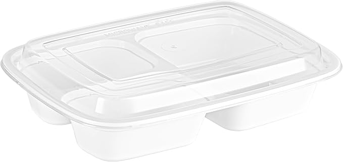 Restaurantware Asporto 26 Ounce Compartment Take Out Boxes, 50 Microwavable Meal Prep Containers - 3 Compartments, With Clear Plastic Lids, White Plastic Food Containers, Do Not Contain BPA