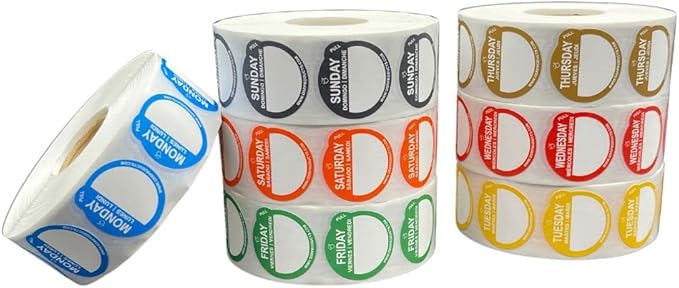 Removable Day Label - 1 inch - Peel Tab - Week (Mon-Sun) (7000 Stickers) - Food and Restaurant Day Dots - FIFO - Inventory Management Labels - Meal Prep Stickers - Gift Tags