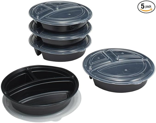 SEDLAV 3-Compartment 1L Round Meal Prep Food Storage Container - 5 Pack - Portion control meal prep containers - Kitchen organization containers Top of Form Bottom of Form (Standard)
