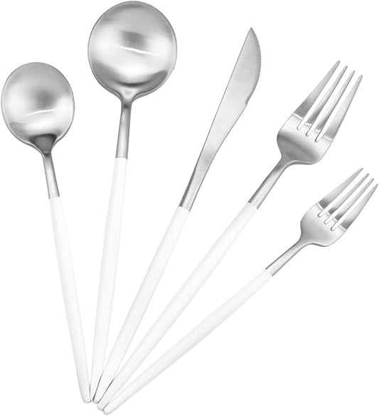 5-Piece Matte Silver Stainless Steel Satin Finish Flatware Set - Dishwasher Safe, Perfect for Camping, Office Lunch or Home Use