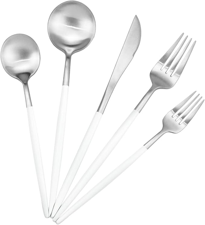 20-Piece 18/10 Stainless Steel Flatware Silverware, Luxury Dinnerware Set Travel Cutlery Tableware Include Knife Fork Spoon Service for 4, Dishwasher Safe (White Handle Matte Silver)