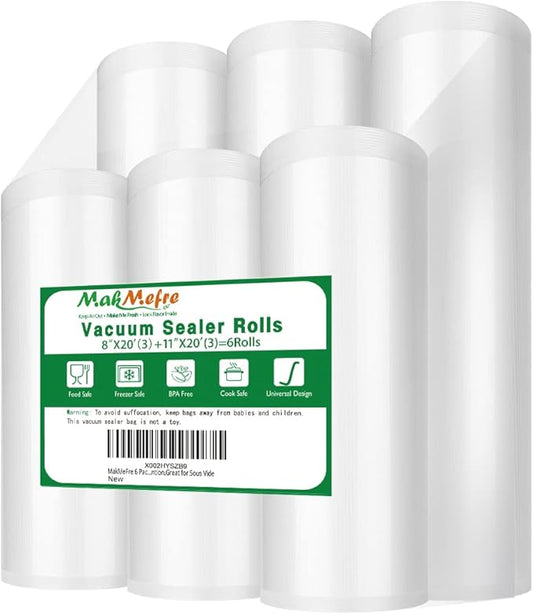 6 Pack 8"x20'(3Rolls) and 11"x20' (3Rolls) Vacuum Sealer Bags Rolls for Food,Commercial Grade, BPA Free,Puncture Prevention,Great for Sous Vide Cooking