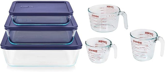 Pyrex Simply Store 6-Pc Glass Food Storage Container Set with Lids, 3-Cup, 6-Cup, & 11-Cup Rectangular & 3 Piece Glass Measuring Cup Set, Includes 1-Cup, 2-Cup, and 4-Cup Tempered Glass