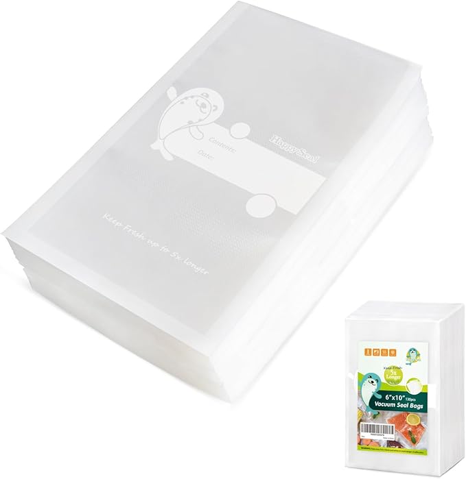 Happy Seal Vacuum Sealer Bags 6" x 10" 130 Pint Size for Food, Pre-cut Food Saver Airtight Vac Storage, Meal Prep or Sous Vide, Commercial Grade Vacuum Seal Freezer Bags
