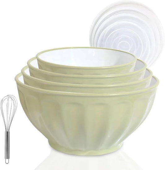 Mixing Bowls with Lids Set,Plastic Bowls Prep Bowl with Lid,Mixing Bowl Set for Kitchen Cooking, Baking,Storage Food,4 Big Nesting Bowls and 1 Egg Whisk,Microwavable,Stackable