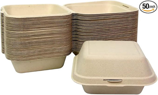 Clamshell Kraft To Go Containers - (50 Pack) 6" X 6" Food Take Out Bagasse Fiber Pulp Compostable Disposable Boxes With Lids For Burger Salad Sandwich Steak Parties