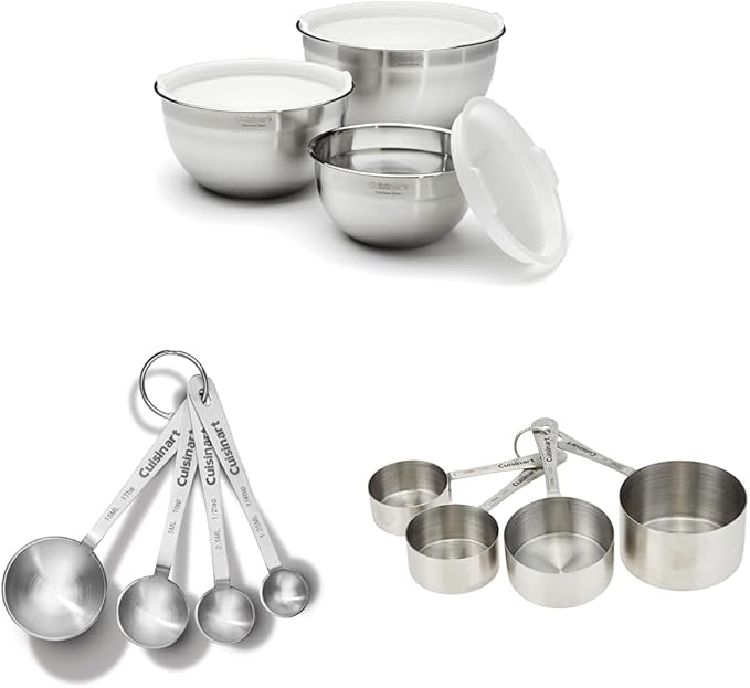 Cuisinart Mixing Bowl Set, Stainless Steel, 3-Piece CTG-00-SMP Stainless Steel Measuring Spoons, Set of 4,Silver CTG-00-SMC Stainless Steel Measuring Cups, Set of 4,Silver