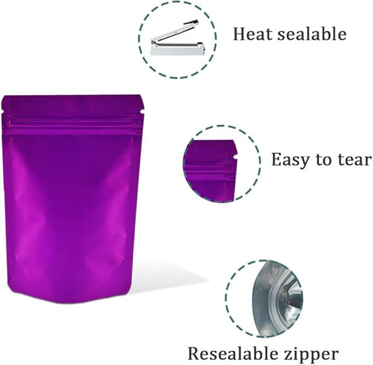PABCK Stand-Up Resealable Heat Seal Bags 3.55mil Thick Frosted Purple Foil Sealed Bags 50 Pieces 3.35x5.1 inch for Zip Packaging Lock Food Storage Pouch