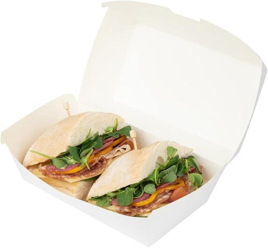 Restaurantware Bio Tek 6.7 x 3.5 x 3.5 Inch Clamshell Food Containers 100 Disposable Sandwich Containers - Hinged Lid Tab-Lock Closure White Paper Hot Dog Containers Recyclable Greaseproof