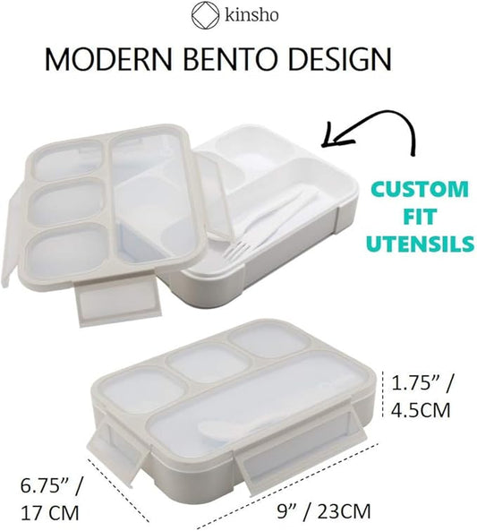 kinsho Bento Lunch Box Container for Kids Adults, Leakproof Portion Control Meal Prep Containers, Japanese Style Boxes with 4 Compartments for Boys Girls Teens | Grey