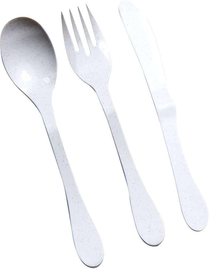 KNORK Eco 24 Piece (Fork, Knife, Spoon) Plant Based Cutlery, Reusable Bamboo Flatware Set, White