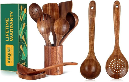 Wooden Kitchen Utensils Set, 10Pcs Premium Teak Wood Spatula, Skimmer and Spoons for Cooking, Non-stick kitchen Tools for Families