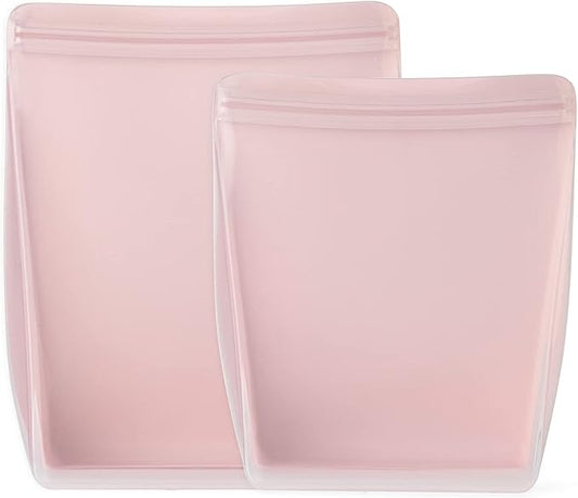 W&P Porter Silicone Reusable Storage Bags, Stand-Up Variety 2 Pack (36oz, 50oz), Blush, Food Storage Container, Microwave and Dishwasher Safe, Easy Cleaning