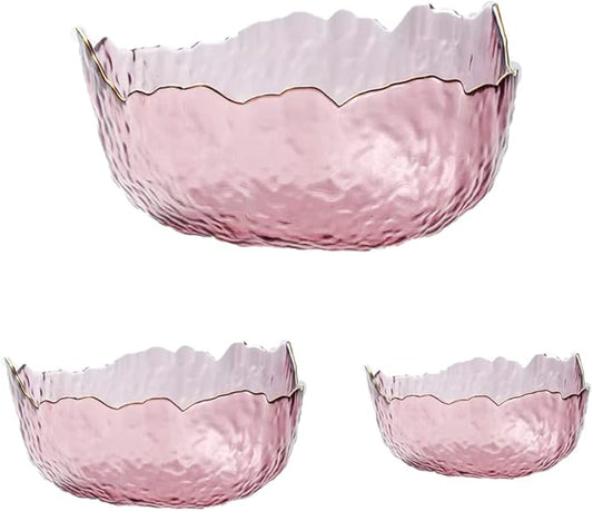 Glass Salad Bowls Set of 3, Space-saving Nesting Bowls, Irregular Shape Decorative Cereal Container, Glass Cooking Bowls, Glass Prep Bowls For Fruit, Dessert, Freezer Safe (Purple Pink)