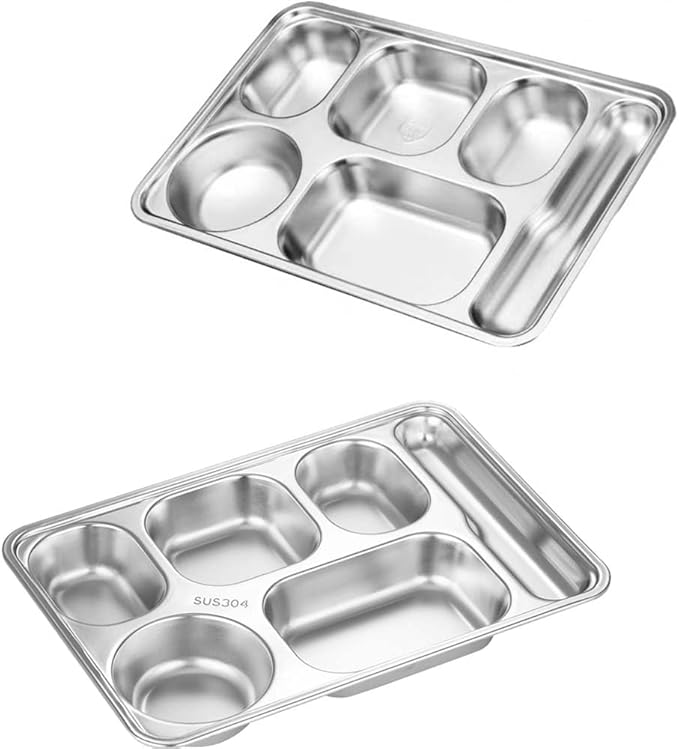 2 Pack Stainless Steel Divided Plates, Large 6 Sections Dinner Plates for Adults,Rectangular Serving Platter for Camping,Unbreakable Divided Portion Plates,Dishwasher Safe,Every Day Use