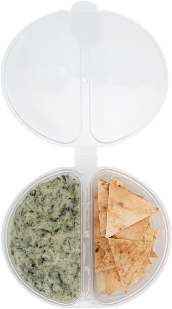 Restaurantware Futura 4 Ounce Snack Containers 100 Microwavable Sauce Containers - 2 Compartments Hinged Lid Clear Plastic Portion Cups For Condiments Or Dips