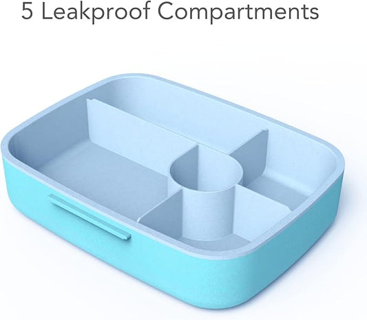 Fenrici Bento Box Lunch Box For Kids and Teens, Made with Wheat Straw, 5 Leakproof Compartments, BPA-Free Bento Box, Microwave and Dishwasher Safe, Pastel Blue, Blue