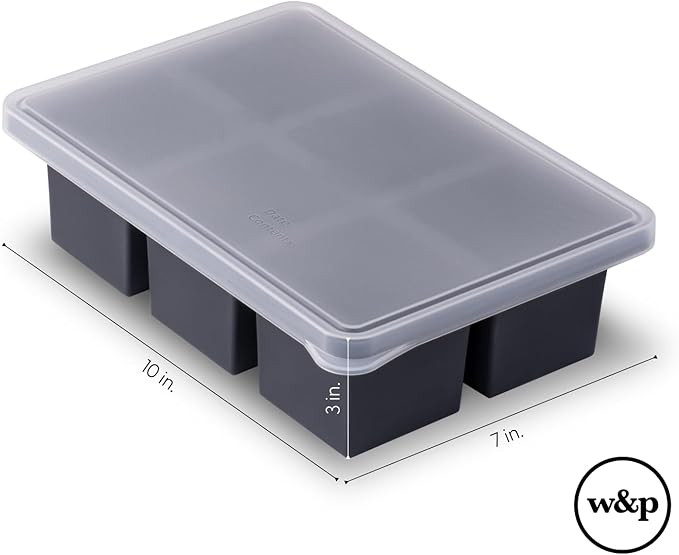 W&P Cup Cubes Silicone Freezer Tray with Lid, Blue, Makes 6 Perfect 1-Cup Portions, Freeze & Store Soup, Broth, Sauce, Leftovers, Dishwasher Safe