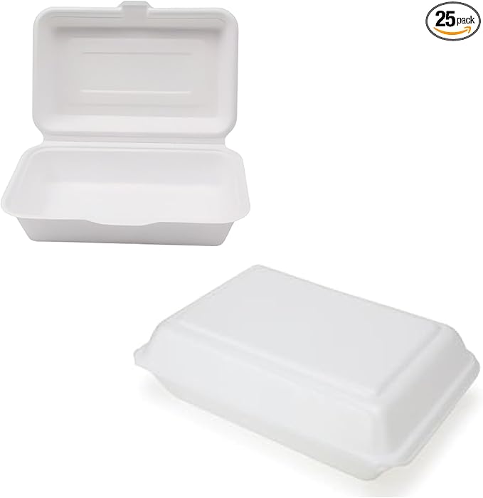 100% Compostable Single Compartment Take Out Food Containers 9x6". 25 Containers, Natural Disposable Bagasse, Eco-Friendly Biodegradable Made of Sugar Cane-Package of 25ct