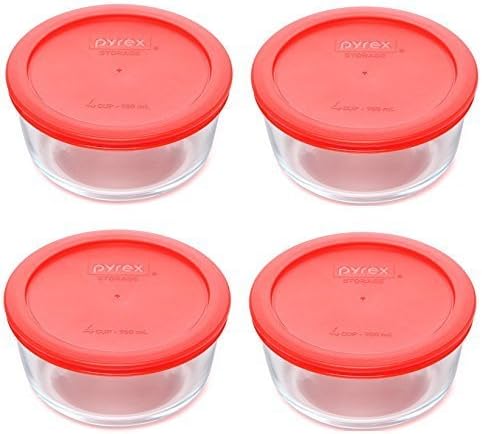 Pyrex (4) 7201 4-Cup Glass Bowls & (4) 7201-PC Red Plastic Lid Covers, Made in the USA