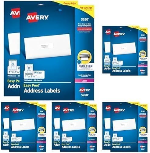 Avery Easy Peel Printable Address Labels with Sure Feed, 1" x 2-5/8" Customizable Stickers, White, 1,500 Blank Mailing Labels, Great for Mailing, Shipping, and More (5260) (Pack of 10)