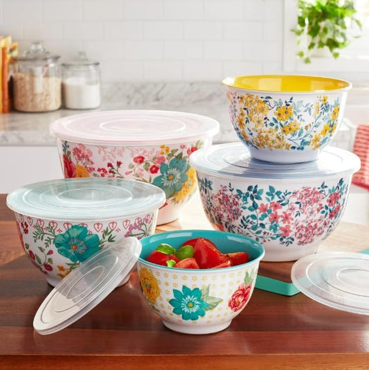 The Pioneer Woman Melamine Mixing Bowls Set with Lids 10-Pieces Bundle with Spoon Rest & Stainless Steel Silicone Kitchen Tongs Red (Total 12 Pieces)