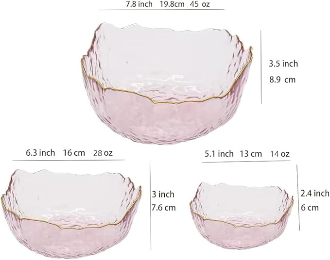 3-Pack Glass Bowls for Kitchen Prep, Nesting Space Saving Set of Bowls, Pink Crystal Bowl Set, Irregular Shape Glass Bowl For Salad,Ice Cream, Cereal,Dessert, Freezer Safe (Light Pink)