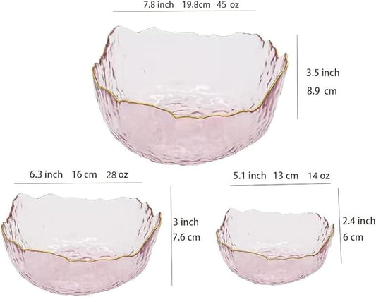 3-Pack Glass Bowls for Kitchen Prep, Nesting Space Saving Set of Bowls, Pink Crystal Bowl Set, Irregular Shape Glass Bowl For Salad,Ice Cream, Cereal,Dessert, Freezer Safe (Light Pink)