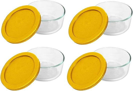 Pyrex Storage Plus 2-Cup Round Glass Food Storage Dish, Yellow Cover (4 Pack) Made in the USA