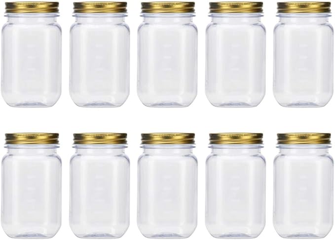 Novelinks 16 Ounce Plastic Jars with Gold Lids - Refillable Round Containers Storage Containers for Kitchen & Household Storage - BPA Free (10 Pack)