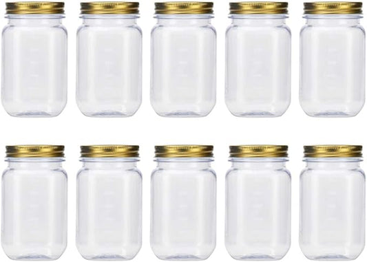Novelinks 16 Ounce Plastic Jars with Gold Lids - Refillable Round Containers Storage Containers for Kitchen & Household Storage - BPA Free (10 Pack)